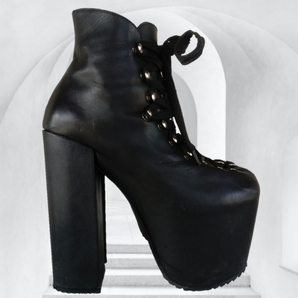 UNIF 7 BLACK LEATHER HELLHOUND PLATFORM BOOTS goth club dance Halloween U.N.I.F. - Picture 4 of 16